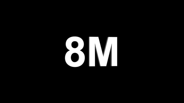 Glowing colorful light text 8m number. glowing sign effect fluorescent text for social media follower subscription motion.