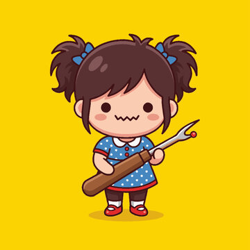 Cute cartoon girl holding a seam ripper sewing tool vector illustration.