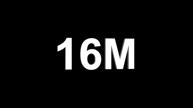 Glowing colorful light text 16m number. glowing sign effect fluorescent text for social media follower subscription motion.