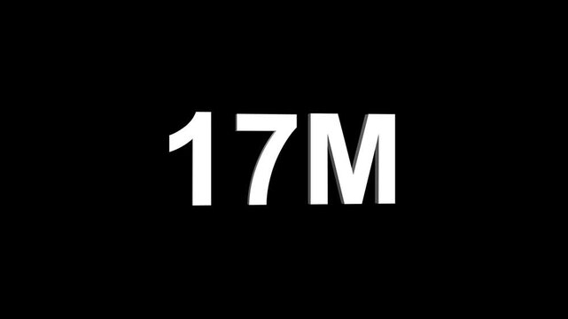 Glowing colorful light text 17m number. glowing sign effect fluorescent text for social media follower subscription motion.