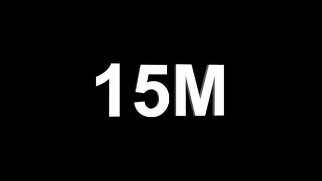 Glowing colorful light text 15m number. glowing sign effect fluorescent text for social media follower subscription motion.