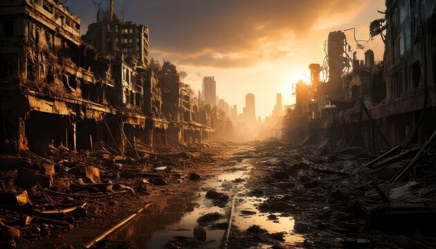 Post-Apocalyptic Cityscape at Sunset with Destroyed Buildings and Debris.