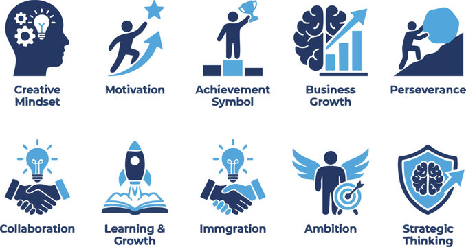 Growth Mindset, Motivation and Personal Development Icon Set Vector Illustration