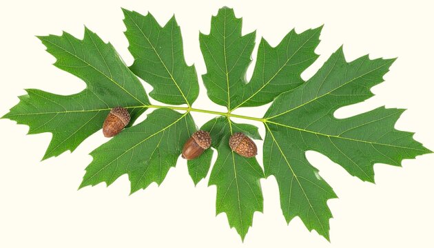 Pinnate hickory leaves and hard-shelled hickory nuts isolated on white background, dense hardwood tree botanical close-up