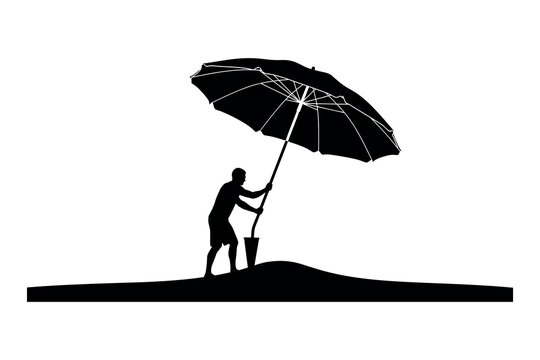 Silhouette of a person holding a large umbrella against a bright undefined background