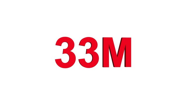 Glowing colorful light text 33m number. glowing sign effect fluorescent text for social media follower subscription motion.