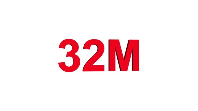 Glowing colorful light text 32m number. glowing sign effect fluorescent text for social media follower subscription motion.
