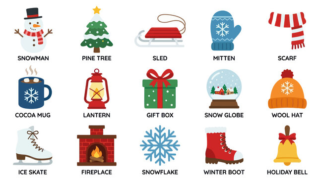 Flat Style Winter Icons Set with Snowman, Pine Tree, Sled, Mitten, Scarf, Cocoa Mug