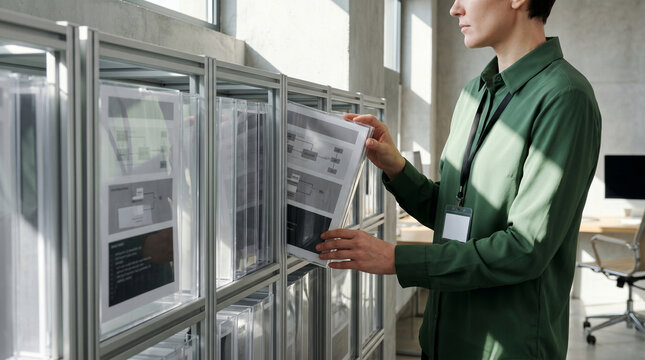 Compliance archive wall with transparent binders and manager review