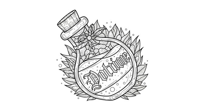 Potion bottle illustration with decorative foliage in black and white