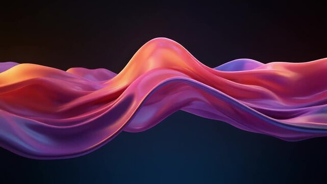 An abstract, elegant wave of iridescent, colorful fabric flows dynamically across a dark background, showcasing smooth gradients and vibrant, fluid motion