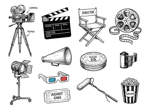 Cinema film production icon set, hand draw movie equipment sketch on white background