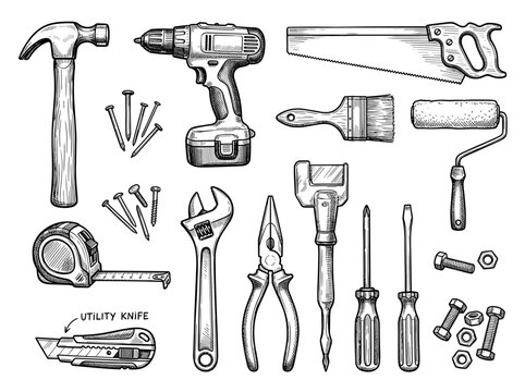 Ink sketch collection of hand and power tools for home repair, isolated doodle set for diy construction and woodworking