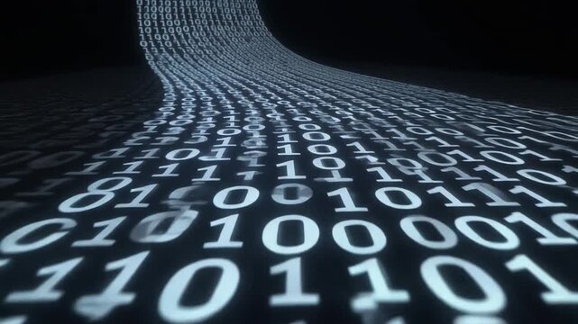 Digital flow of binary code 0s and 1s creating a futuristic and abstract concept of data transmission and technology