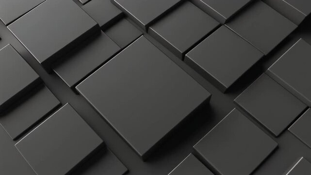 Abstract 3D Render of Matte Black Geometric Cubes and Rectangles in an Organized Grid Pattern with Variable Heights and Minimalist Aesthetic