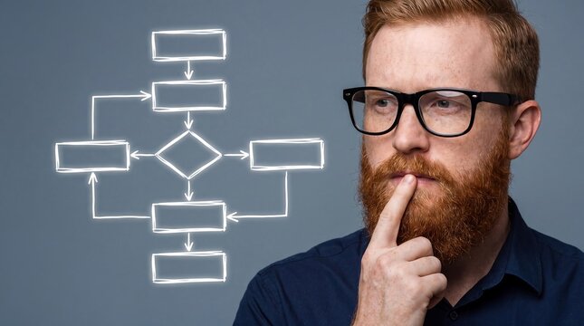 Software developer in glasses looking at a complex glowing flowchart for algorithm planning