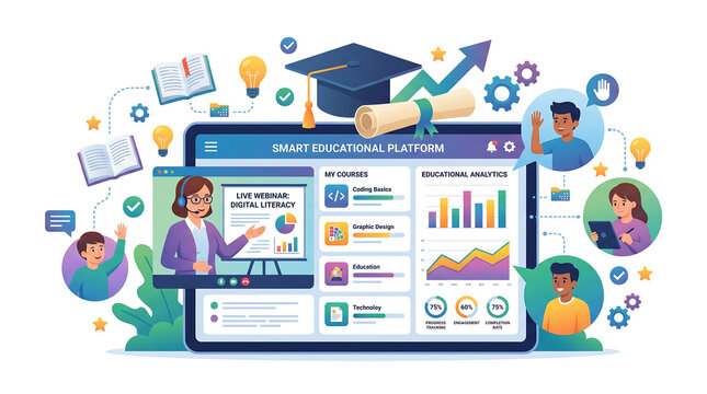 Online learning, education icons, e-learning illustrations, digital course graphics
