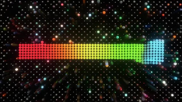Abstract equalizer bars in vibrant rainbow colors against a dark background with sparkling lights