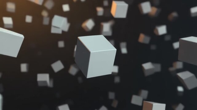 Abstract 3D Rendering of Floating White Geometric Cubes in a Dark Void with Soft Lighting