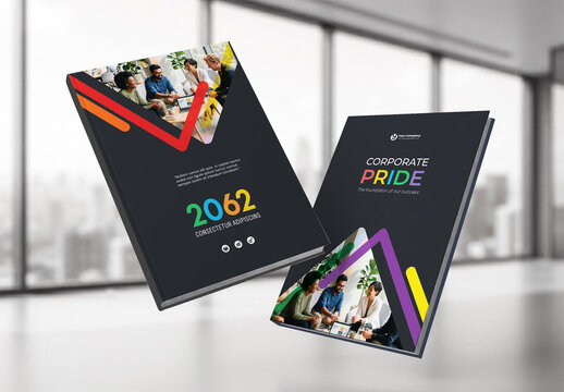 Modern Corporate Pride Annual Report Cover and Diversity Business Brochure Template with Geometric Rainbow Design
