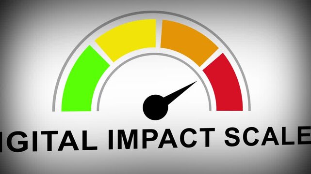 Dynamic digital impact scale gauge animation showing performance metrics and growth analytics for business marketing strategy and data visualization concepts in modern