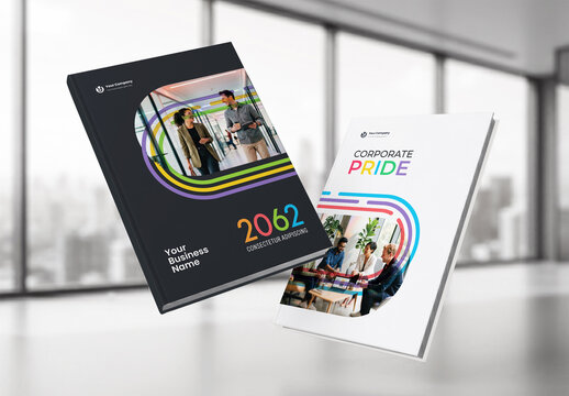 Modern Corporate Pride Annual Report Cover and Diversity Business Brochure Template with Geometric Rainbow Design
