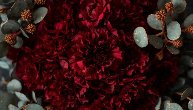 This is a close up of a bouquet of red carnations and eucalyptus leaves