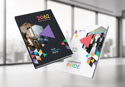 Modern Corporate Pride Annual Report Cover and Diversity Business Brochure Template with Geometric Rainbow Design
