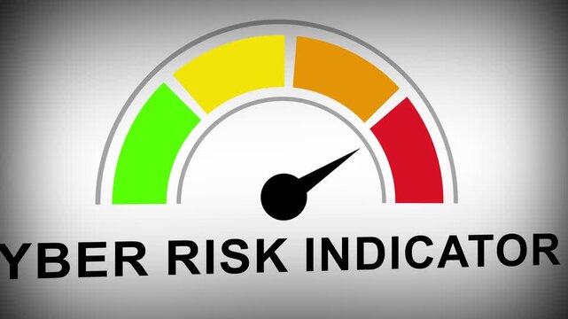 Animated cyber risk indicator gauge moving from low to danger levels for corporate network security monitoring and digital threat assessment analysis presentation