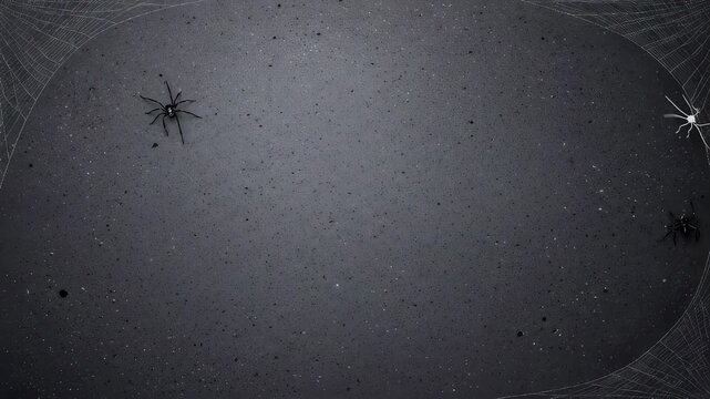 Creepy spider moving on gray wall with cobweb. Retro horror background with moving arachnid for Halloween theme. Dark spooky festive motion graphic animation.