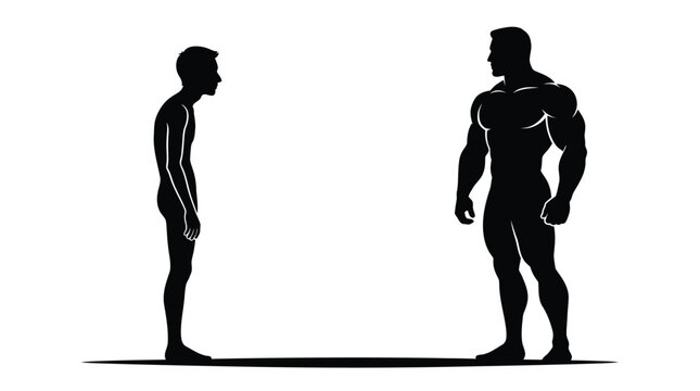 Minimalist vector graphic illustration showing the stark contrast between a thin frail person and a muscular powerful bodybuilder standing face to face in a clean black and white artistic design.