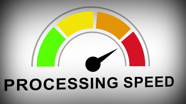 Dynamic processing speed gauge meter animation showing rapid performance optimization and efficient data throughput metrics for modern high-tech digital computing