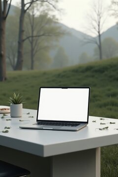 Escena de reuni&oacute;n al aire libre, pantalla de port&aacute;til en blanco, objetos m&iacute;nimos, luz diurna nublada