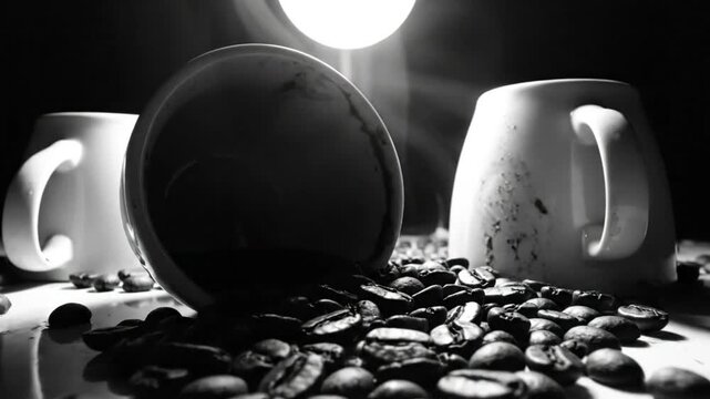 Dramatic monochrome shot featuring spilled coffee beans, tipped cups, and bright overhead lighting against a dark background.