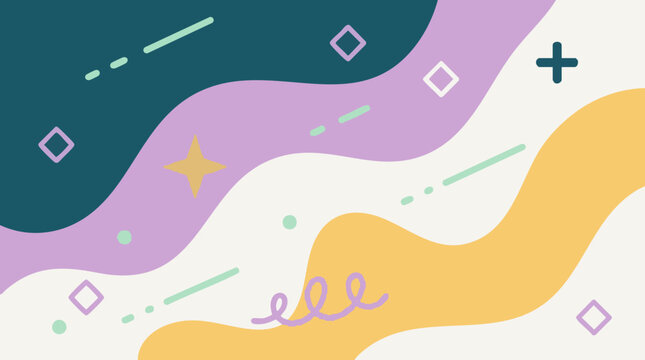 Wavy abstract background with pastel colors and scattered geometric shapes