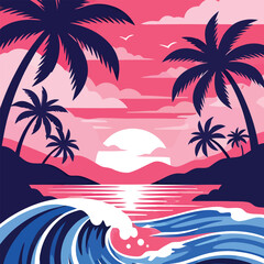 Obraz premium Vibrant pink sunset over ocean waves and palm tree silhouettes