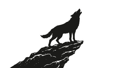 Minimalist black vector graphic illustration of a majestic wild wolf howling at the moon while standing atop a rugged rocky cliff edge rendered in a clean bold solid artistic style © Umair Ch