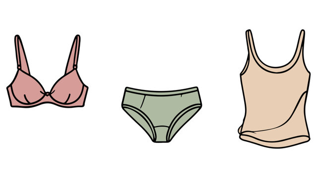 Set of female undergarments featuring a pink bra green panties and a beige camisole in a simple flat vector style