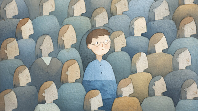 Lonely Boy Glasses Surrounded Women Crowd Fatherless Concept Watercolor Illustration