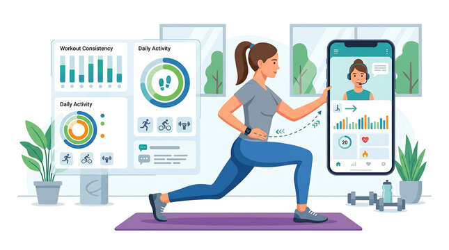 Fitness woman, workout illustration, exercise graphics, health app, mobile tracking