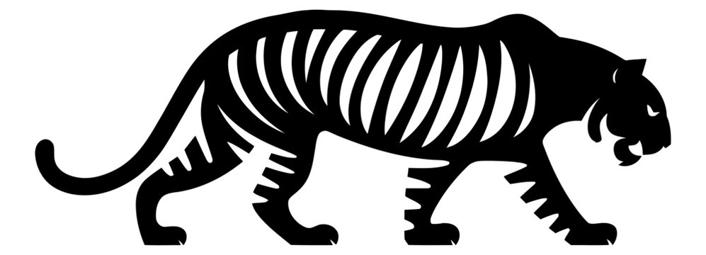 Sleek black tiger vector illustration featuring bold minimalist artistic lines and tribal style patterns creating a sharp silhouette of a powerful predatory jungle cat for modern creative graphic