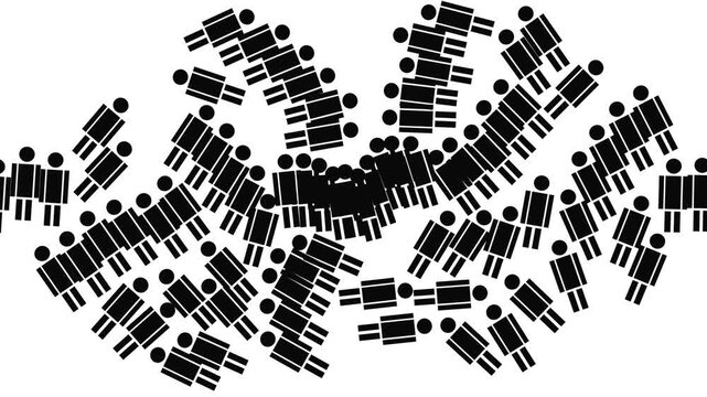 Minimalist animation of crowded human silhouettes in motion.  black and white motion graphics showing human icons swarming to fill the frame.