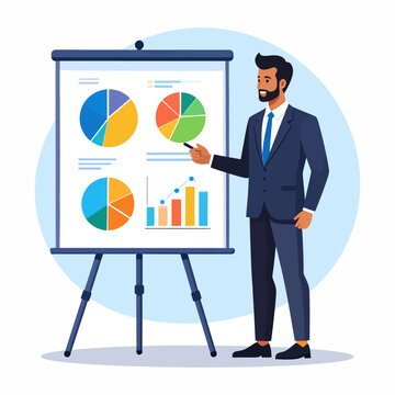 Businessman Presenting Charts and Graphs in Suit.