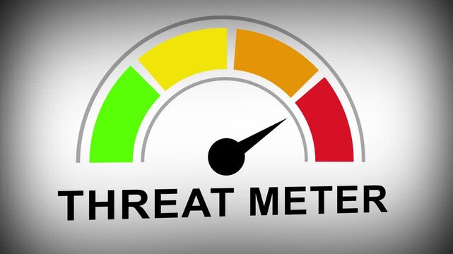 Dynamic threat meter gauge animation showing escalating risk levels from green to red for cybersecurity risk assessment and critical security monitoring data