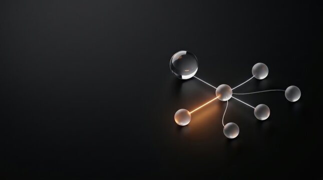 Network nodes represented by glowing glass spheres connect in a dark digital space to symbolize complex data architecture.