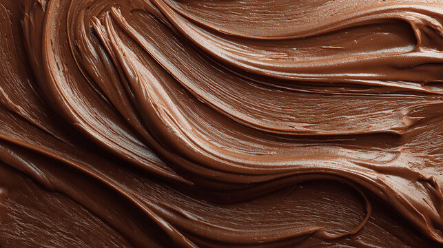 Closeup of smooth, creamy chocolate frosting or hazelnut spread with textured swirls and ripples