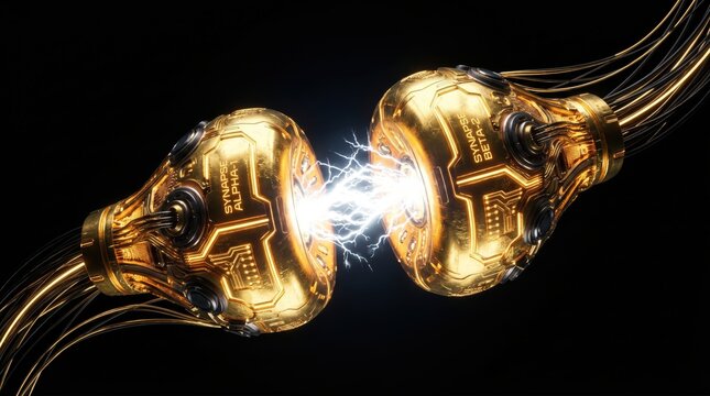 Gold-plated electronic plugs discharge a powerful bolt of electricity in a high-tech studio environment.