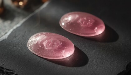 Naklejka premium There are two pink stones sitting on top of a black surface