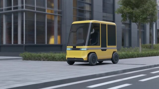 A futuristic autonomous electric vehicle seamlessly navigating a modern urban street, symbolizing advanced smart city transportation and sustainable last-mile delivery solutions