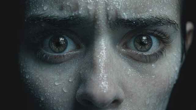 Macro close-up of sweaty face with wide staring eyes. Terrified person sweating in dark room. Intense workout exhaustion or panic attack anxiety concept